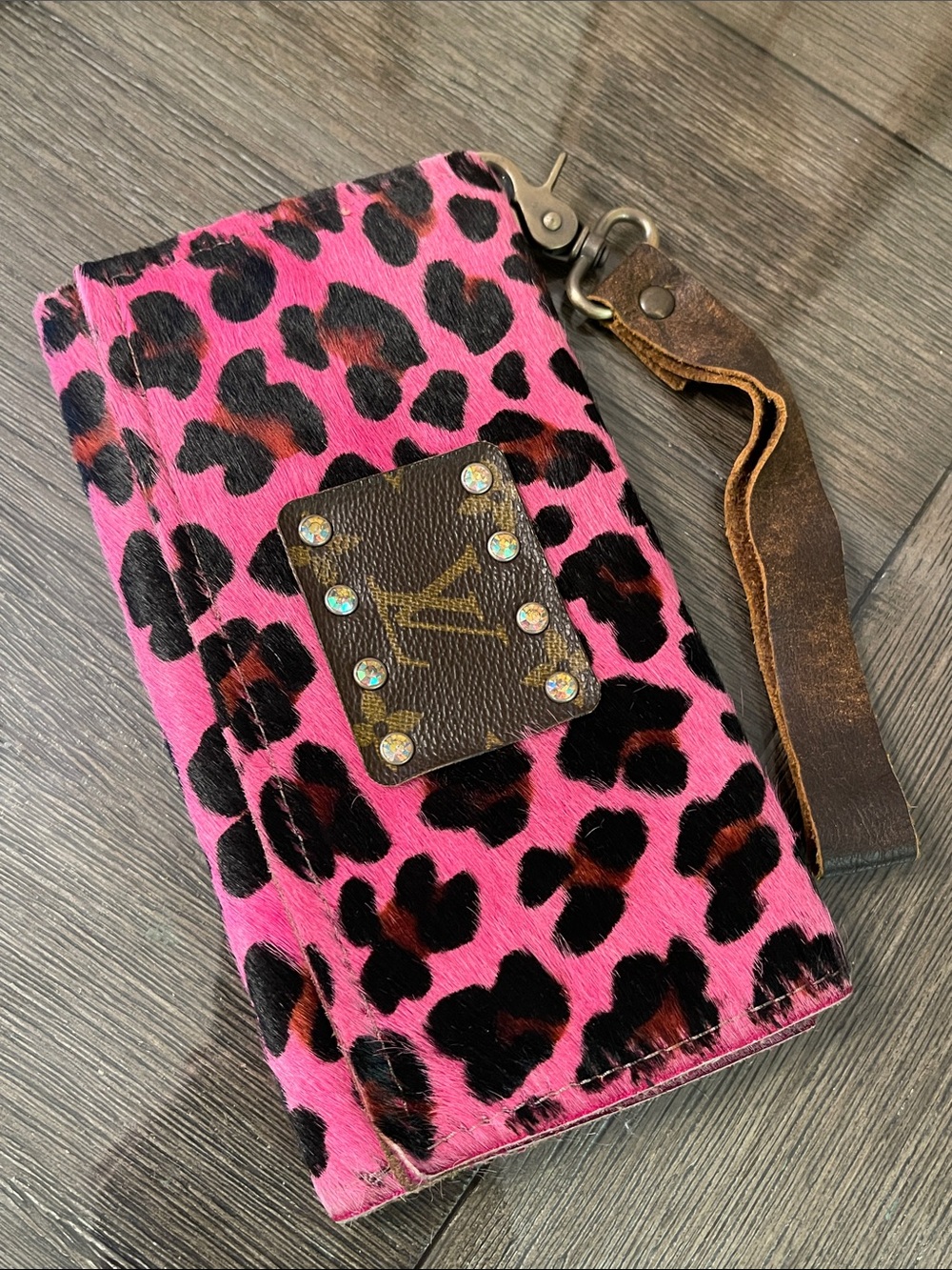 Keep It Gypsy Upcycled  Pink Leopard Ponyhair - Cowhide Trifold Wallet